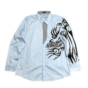 NWOT Coofandy Y2K Tribal Ink Print Shirt Sz L‎ Blue Button Down Flip Cuff Preppy
